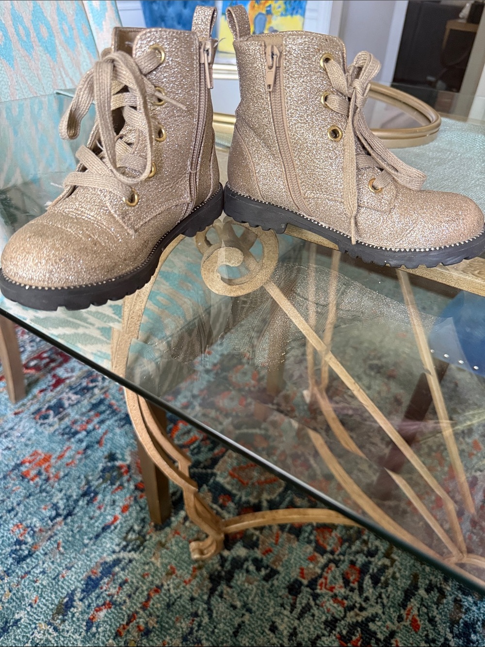 Rachel Zoe Girls Glitter Combat Boots - Champagne Gold